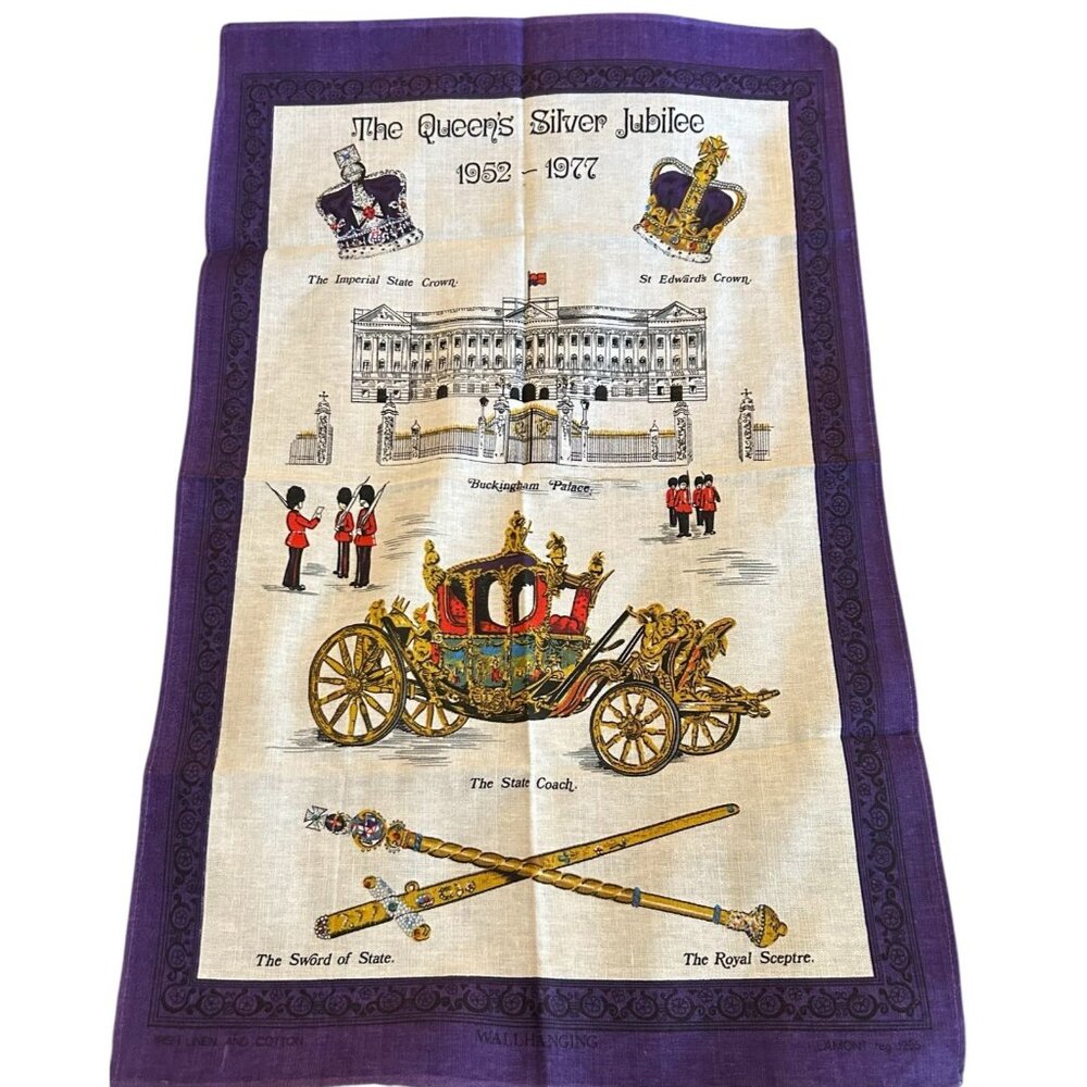 1977 Lamont Irish Tea Towel Art Wall Hanging The Queens Elizabeth Silver Jubilee
